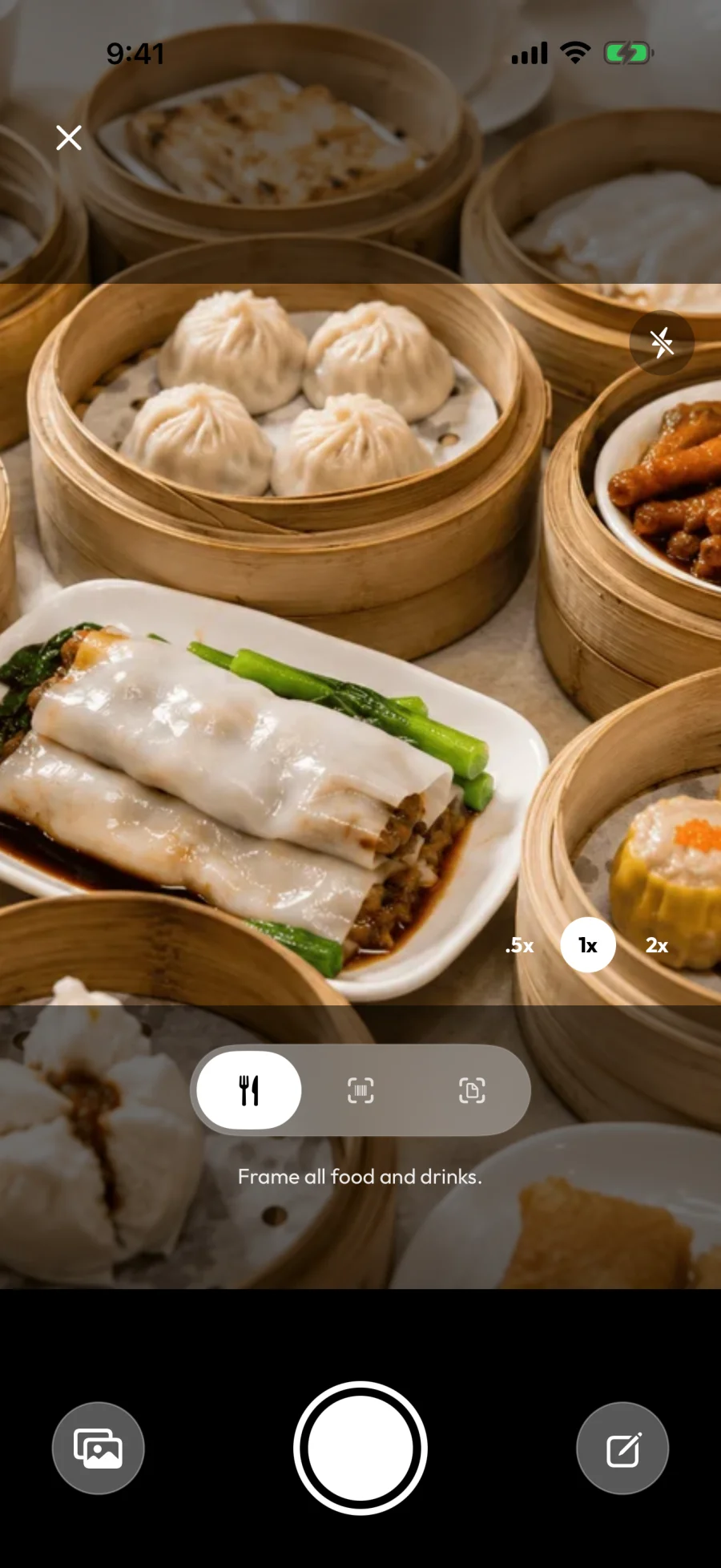 Before I Bite food scanner framing a dim sum spread
