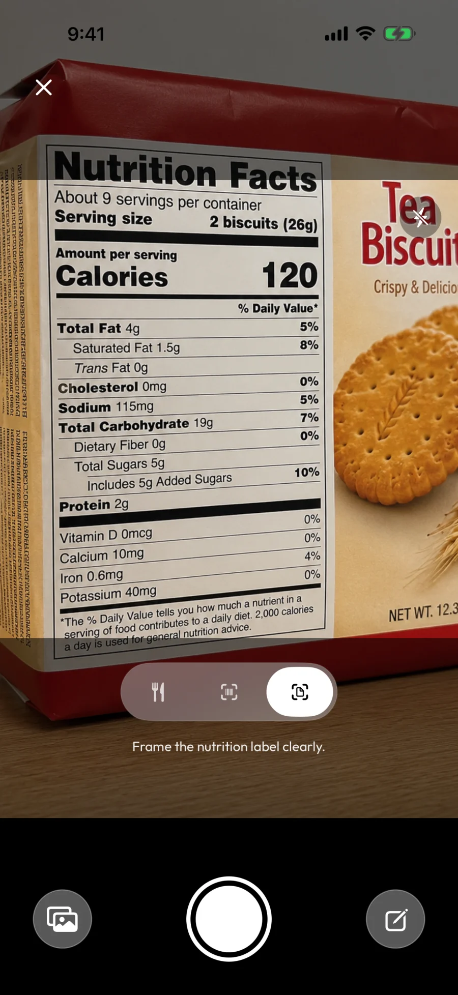 Before I Bite nutrition label scanner framing a nutrition facts panel