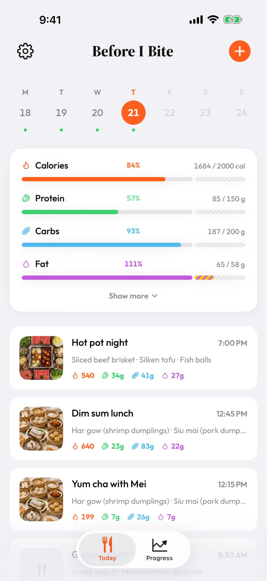 The Today tab: a weekly day picker, the day's calorie and macro progress, and the logged meals — Hot pot night, Dim sum lunch, Yum cha with Mei