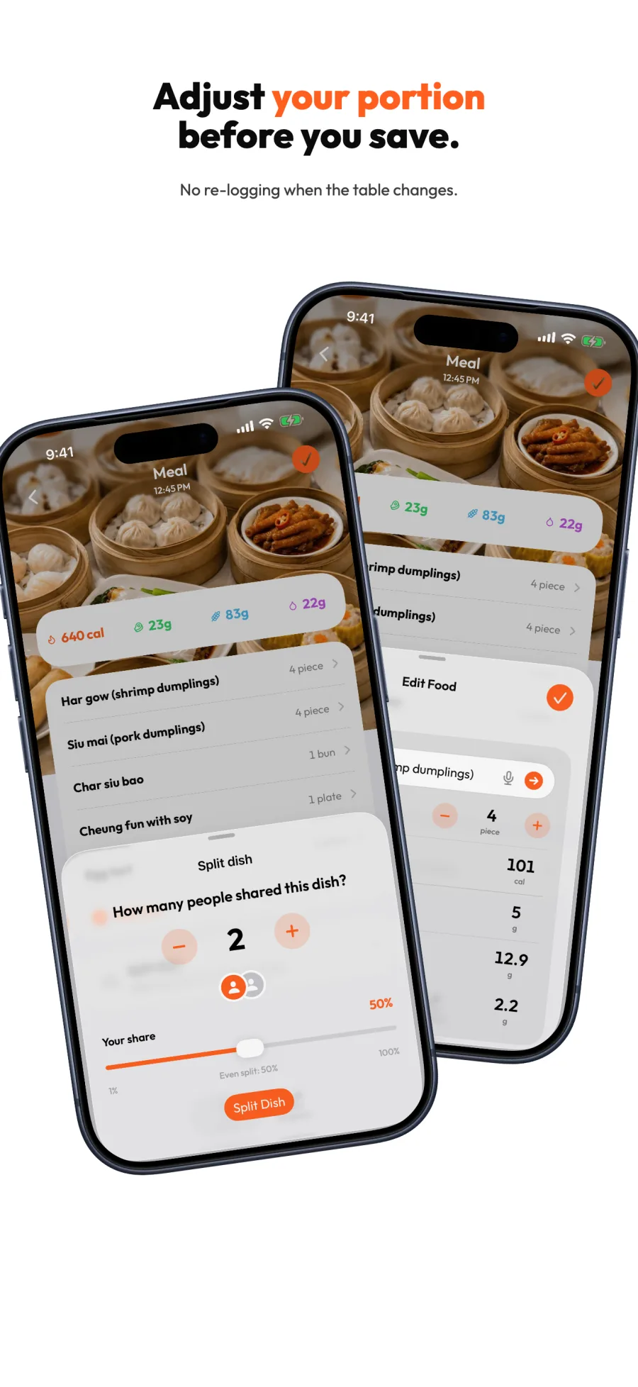 Before I Bite split dish and portion edit screens showing how to log your share of a shared meal