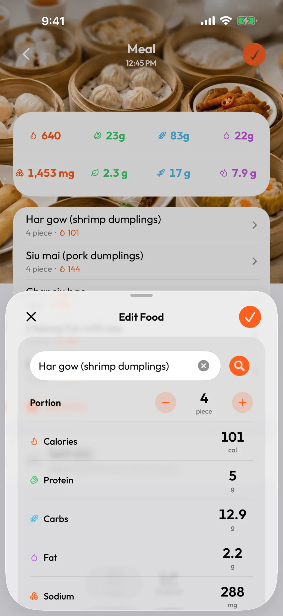 The Edit Food editor: a search field holding the food name, a Portion stepper, and a row for each nutrition value — calories, protein, carbs, fat, and sodium
