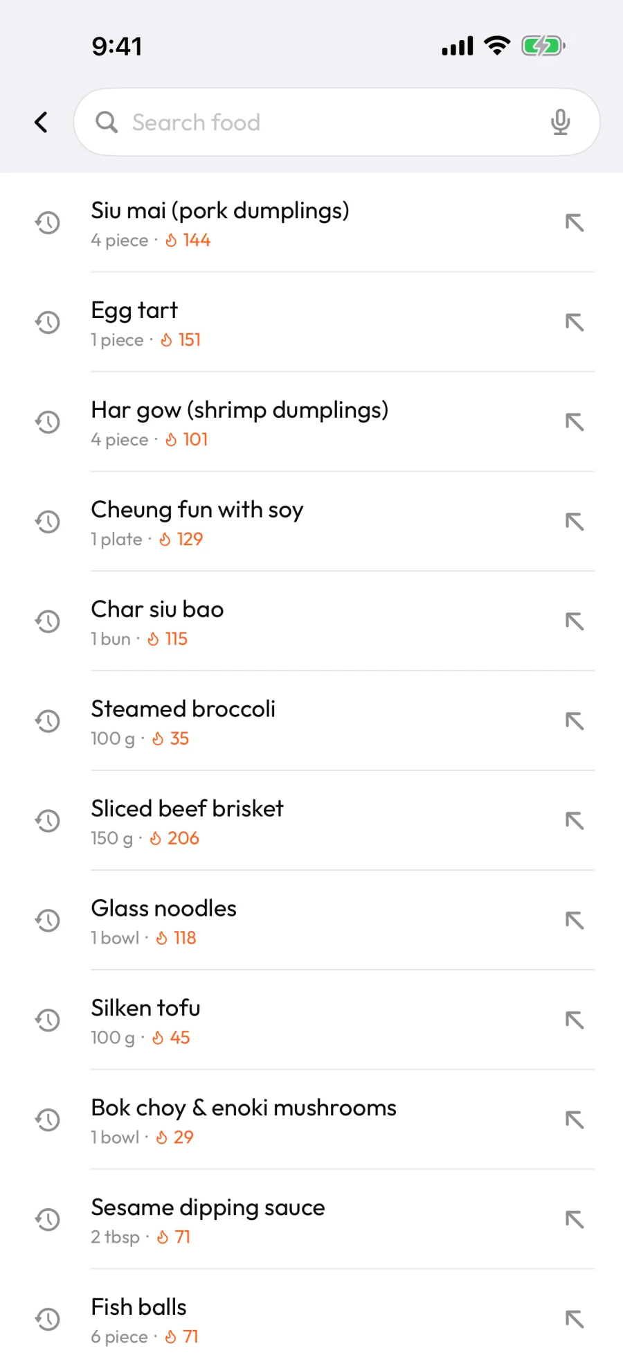The food search screen: a "Search food" field with a microphone icon, and a list of recent foods — siu mai, egg tart, har gow, char siu bao — each showing its portion and calories
