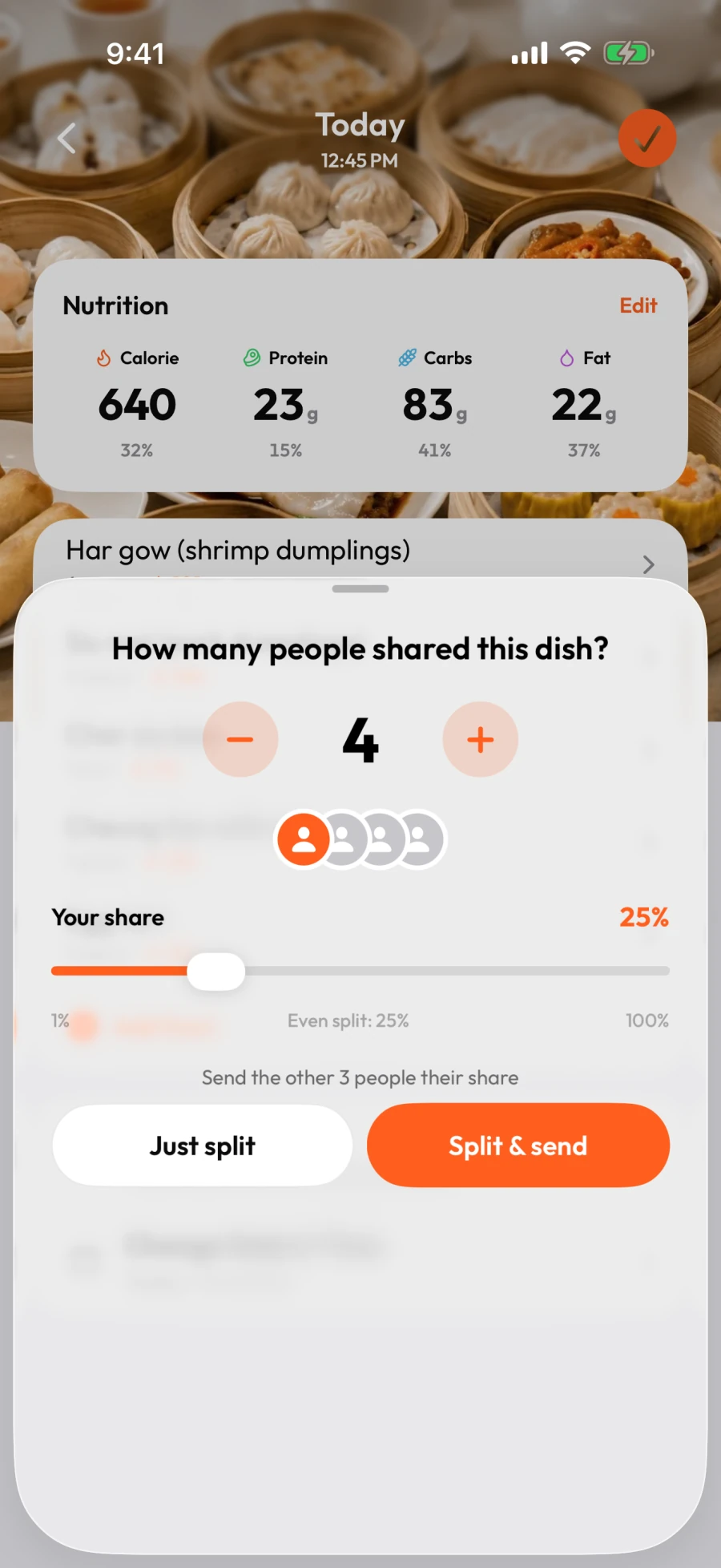 Before I Bite iPhone screen with diner count and an adjustable Your share control