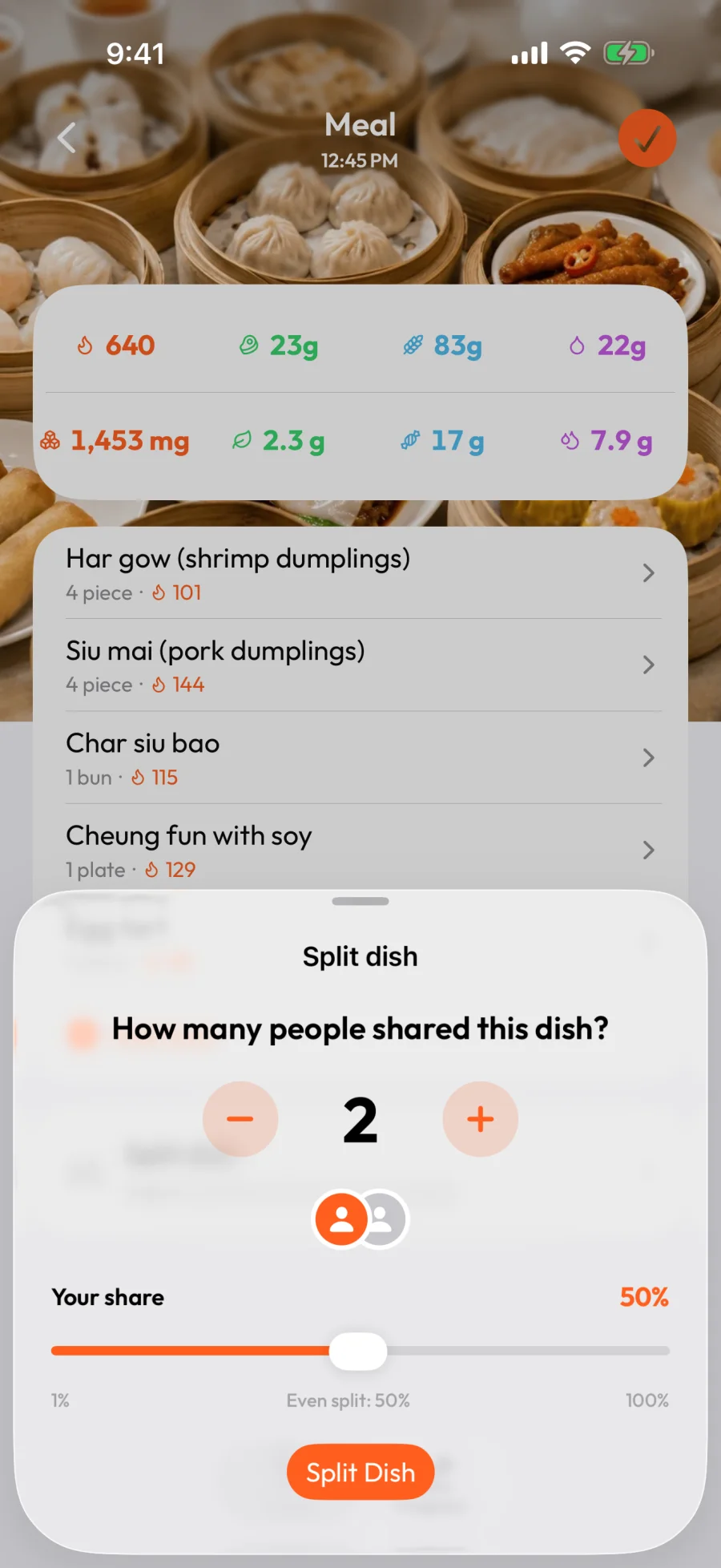 The split-dish sheet: a dim sum meal, "How many people shared this dish?" set to 2, and a "Your share" slider sitting at 50% — the even split