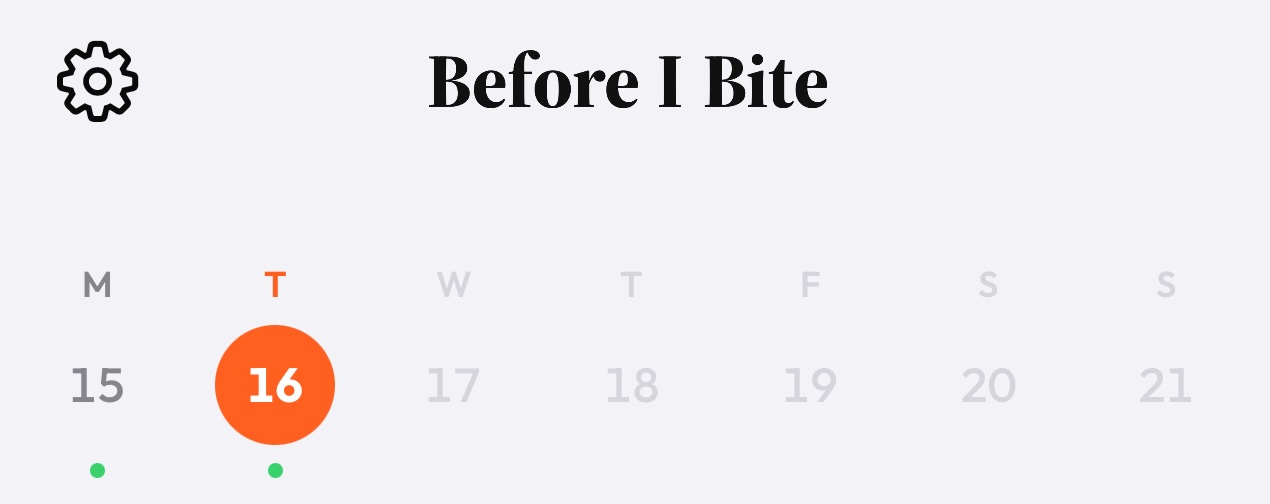 The Today tab week strip showing Tuesday the 16th selected with an orange circle, green activity dots on Monday and Tuesday, and the remaining days of the week dimmed